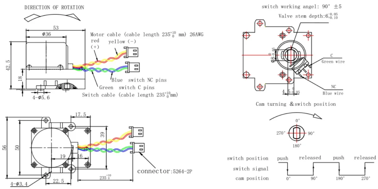 hda 36GW-500-2P-90° 3v 2000 rpm DC Motor Anahat Teknik Çizimi