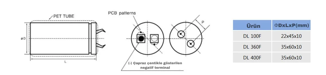 Korchip DL Serisi 2.7v süper kapasitör ölçüleri